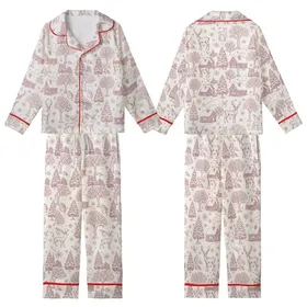 Family Christmas Vintage Toile Winter Wonderland Rustic Maroon Line Art Kid Satin Pajamas Set