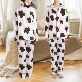 Modern Style Enthusiasts' Hand-Drawn Bright White Pastel Pink Espresso Brown Abstract Cow Print Satin Pajamas Set