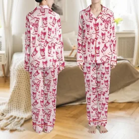 Women's Whimsical Creamy Pink Cowboy Boots, Magenta Bows, Fuchsia Stars Flat Pattern Satin Pajamas Set
