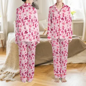 Women's Playful Pastel Pink Western Cowgirl Pattern with Fuchsia Hats, Boots, Lariats Satin Pajamas Set