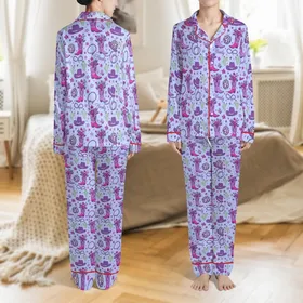 Women's Whimsical Lavender Fuchsia Cowgirl Boots Disco Ball "Howdy" Seamless Pattern Satin Pajamas Set