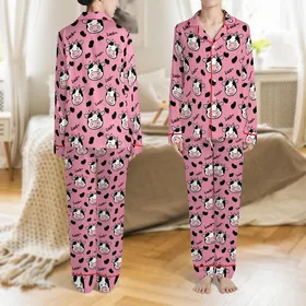Playful Pattern Lovers' Cheerful Vibrant Pink Cartoon Cow Head Luck Seamless Print Satin Pajamas Set