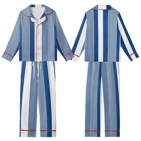 Women's Crisp Cobalt Blue White Alternating Fine Broad Vertical Stripe Geometric Kid Satin Pajamas Set