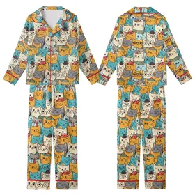 Cat Lovers' Whimsical Multi-Color Cartoon Feline Faces Pattern with Hats and Glasses Kid Satin Pajamas Set