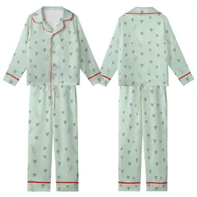 Women's Very Pale Mint Green Subtle Sage Hand-Drawn Heart & Leaf Kid Satin Pajamas Set