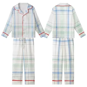 Women's Crisp Plaid Geometric Sky Blue Muted Mint Charcoal Grey Off-White Cornflower Accents Kid Satin Pajamas Set