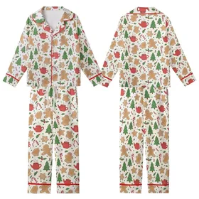 Women's Whimsical Gingerbread Hot Cocoa Candy Cane Holly Pattern on Creamy Off-White Kid Satin Pajamas Set