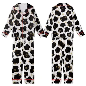 Modern Art Enthusiasts' Black White Abstract Cow Spot Golden Star Burgundy Line Pattern Kid Satin Pajamas Set