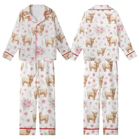 Women's Whimsical Watercolor Fluffy Highland Cow Calf Pink Rose Daisy Floral Pattern Kid Satin Pajamas Set