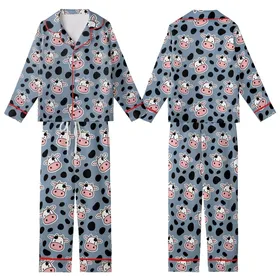 Farm Animal Fans' Illustrative Flat Cartoon Cow Faces Pink Snouts Muted Blue-Grey All-Over Black Spot Pattern Kid Satin Pajamas Set
