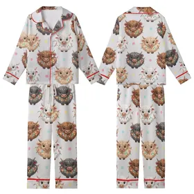Whimsical Animal Lovers' Fluffy Highland Calves Multi-Color Christmas Lights Pastel Stars Pattern Kid Satin Pajamas Set