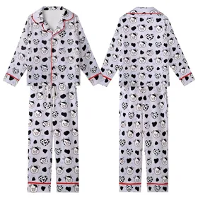 Cute Farm Animal Lovers' Soft Light Lavender Seamless Cartoon Cow Heads, Black Patches, Mixed Heart Spots Pattern Kid Satin Pajamas Set