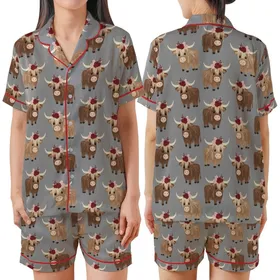 Highland Cow Lovers' Whimsical Shaggy Brown Cow Red Pink Floral Crown Heather Grey Print Satin Short-Sleeve Pajamas Set