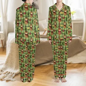 Holiday Lovers' Adorable Fluffy Highland Cow Christmas Wreath Red Plaid Repeating Pattern Green Plaid Background Satin Pajamas Set