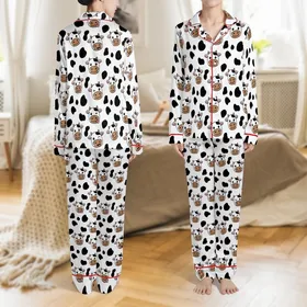 Cow Lovers' Cheerful Stylized Cartoon Cow Faces Seamless White Black Spot Pattern Brown Horns Pink Ears Satin Pajamas Set