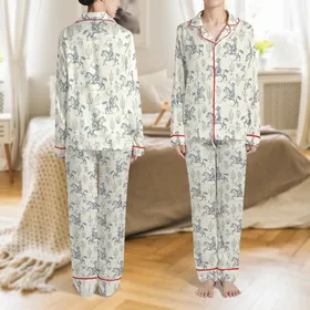 Western Culture Admirers' Muted Blue-Grey Vintage Woodcut Cowboy & Desert Botanical Repeating Pattern Satin Pajamas Set