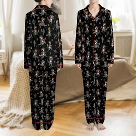 Whimsical Western Enthusiasts' Detailed Cowboy Raccoon Red, Brown, Blue Accent Seamless Black Pattern Satin Pajamas Set