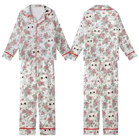 Cat Lovers' Whimsical Pink Crown Cartoon Cats, Soft Pink Rose Blossom, Sage Green, Pastel Blue Pattern Kid Satin Pajamas Set