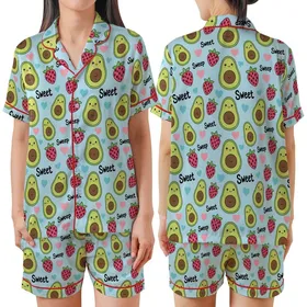 Whimsical Lovers' Cute Pastel Blue Avocado Strawberry Leopard Heart 'Sleep Sweet' Pattern Satin Short-Sleeve Pajamas Set