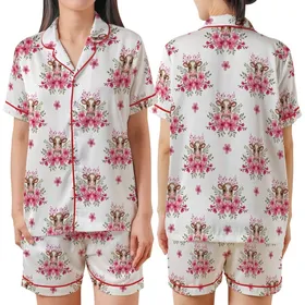 Animal Lovers' Whimsical Watercolor Brown Spotted Calves Fuchsia Blush Cherry Blossom Seamless Pattern Satin Short-Sleeve Pajamas Set