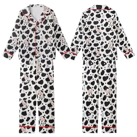Cute Animal Lovers' Seamless Black Cow Spot All-Over Print with Adorable Pink-Eared Cartoon Cows & Milk Bottle Motif Kid Satin Pajamas Set