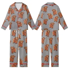 Animal Lovers' Fluffy Baby Highland Cow Reddish-Brown Fawn Leopard Bow Flat Graphic Pattern on Heather Gray Kid Satin Pajamas Set