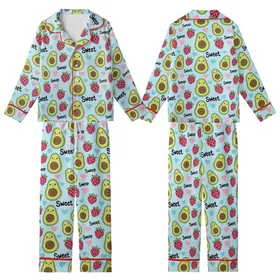 Whimsical Lovers' Cute Pastel Blue Avocado Strawberry Leopard Heart 'Sleep Sweet' Pattern Kid Satin Pajamas Set