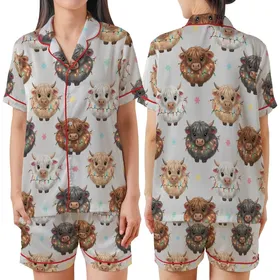 Whimsical Animal Lovers' Fluffy Highland Calves Multi-Color Christmas Lights Pastel Stars Pattern Satin Short-Sleeve Pajamas Set