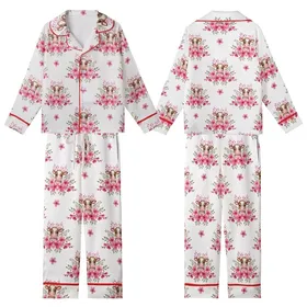 Animal Lovers' Whimsical Watercolor Brown Spotted Calves Fuchsia Blush Cherry Blossom Seamless Pattern Kid Satin Pajamas Set