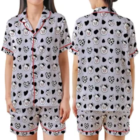 Cute Farm Animal Lovers' Soft Light Lavender Seamless Cartoon Cow Heads, Black Patches, Mixed Heart Spots Pattern Satin Short-Sleeve Pajamas Set