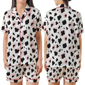 Modern Style Enthusiasts' Irregular Black Cow Spot White Pastel Pink Abstract Blob Pattern Satin Short-Sleeve Pajamas Set