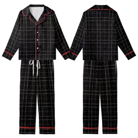 Minimalist Design Lovers' Deep Black Charcoal Interlocking Line Subtle Grid Kid Satin Pajamas Set