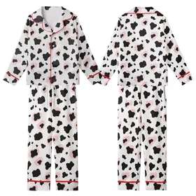 Modern Style Enthusiasts' Irregular Black Cow Spot White Pastel Pink Abstract Blob Pattern Kid Satin Pajamas Set