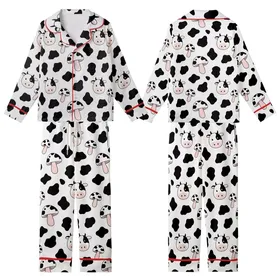Whimsical Design Lovers' Seamless Black White Pink Hand-Drawn Cowhide Spot Cartoon Cow Mushroom Pattern Kid Satin Pajamas Set