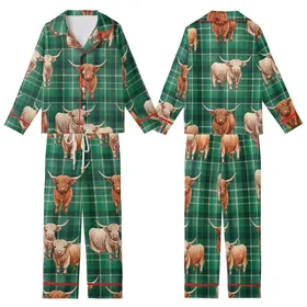 Rustic Animal Lovers' Emerald Green Watercolor Plaid Fluffy Highland Cow Pattern Kid Satin Pajamas Set