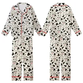 Cute Animal Lovers' Whimsical Off-White Hand-Drawn Cartoon Cow & Moo Pattern with Black Spots & Pink Accents Kid Satin Pajamas Set