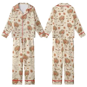 Boho Western Lovers' Retro Illustrated Cowboy Boots Wildflowers Peach Coral Olive Green Pattern Kid Satin Pajamas Set