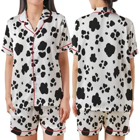 Contemporary Fashion Lovers' Playful Black White Irregular Organic Spot Design Satin Short-Sleeve Pajamas Set