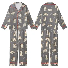Whimsical Cat Enthusiasts' Playful Sitting Stretching Cartoon Cats & 'Cute Cat' Text Seamless Tan White Grey Pattern Kid Satin Pajamas Set