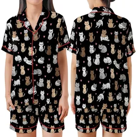 Kawaii Style Enthusiasts' Playful Hand-Drawn Cartoon Cats, Pink Hearts, White Grey Brown Peach on Black Satin Short-Sleeve Pajamas Set