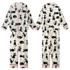 Cat Lovers' Whimsical Black Cats Flat Art Pattern, Peach Bows, Teal Collars, Blue Paws, Cream Kid Satin Pajamas Set