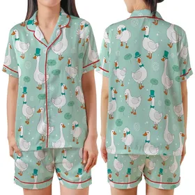 Whimsical Animal Lovers' Aqua Mint Green Geese Pattern with Teal Hats, Bow Ties, Orange Beaks Satin Short-Sleeve Pajamas Set