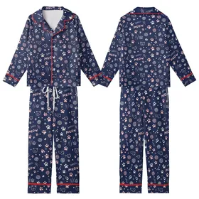Cat Lovers' Whimsical Navy Blue Cat Pattern with Pastel Paws, Meow Typography, and Playful Cat Faces Kid Satin Pajamas Set
