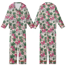Women's Soft Pink Illustrative White Tiger Hot Pink Rose Deep Green Leaf Pattern Kid Satin Pajamas Set