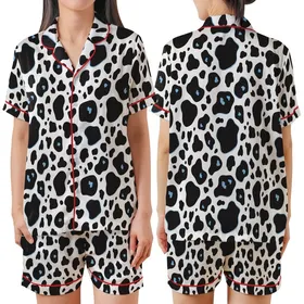 Animal Print Lovers' Bold Black White Organic Cow Pattern with Subtle Light Blue Accents Satin Short-Sleeve Pajamas Set
