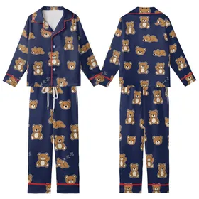 Bear Lovers' Warm Caramel Teddy Bear Pattern, Smiling Waving Sleeping Bears, Deep Navy Blue Kid Satin Pajamas Set