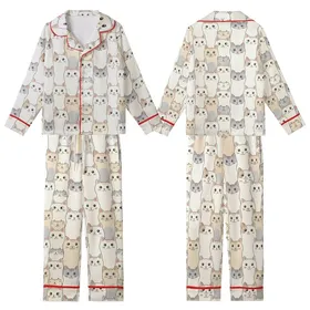 Cat Lovers' Playful Hand-Drawn Cartoon Cat Faces Seamless All-Over Pattern Off-White Gray Tan Pink Kid Satin Pajamas Set