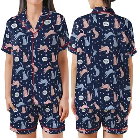 Cat Lovers' Whimsical Flat Graphic Cats Pattern in Light Pink Periwinkle, Deep Navy Blue Background, White Stars MEOW Love Satin Short-Sleeve Pajamas Set