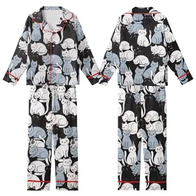 Cat Lovers' Illustrative Whimsical White Blue-Grey Black Tuxedo Cats Seamless All-Over Pattern on Black Kid Satin Pajamas Set