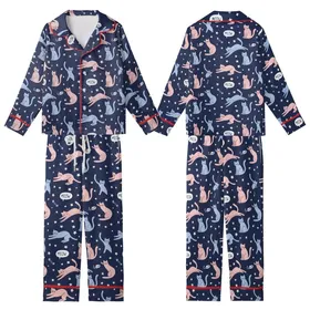 Cat Lovers' Whimsical Flat Graphic Cats Pattern in Light Pink Periwinkle, Deep Navy Blue Background, White Stars MEOW Love Kid Satin Pajamas Set